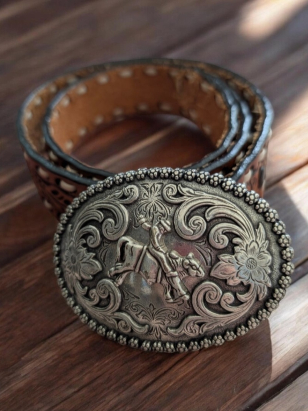 Western Leather Belt with Ornate Silver-Tone Buckle - Brown